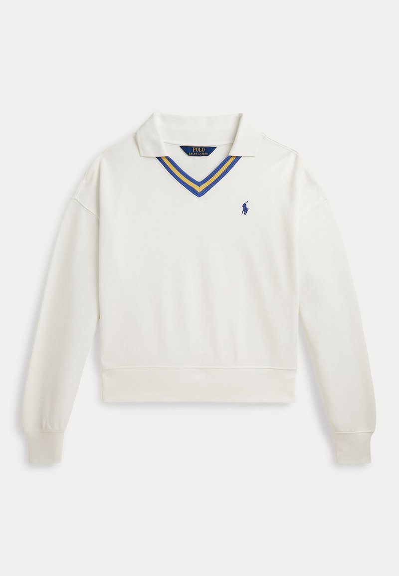 White long-sleeve polo sweater with blue and yellow striped V-neck collar and small blue embroidered logo on the left chest.