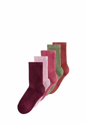 Fünf Paar gerippte Socken in den Farbtönen Burgunderrot, Rosa, Grün und Rot, mit einer weichen Textur und einfarbigem Design.