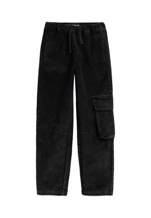 Pantalon cargo en velours côtelé noir avec taille élastique, cordon de serrage, poche cargo latérale avec rabat et deux poches fendues à l'avant.