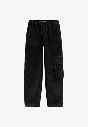 Pantalon cargo en velours côtelé noir avec taille élastique, cordon de serrage, poche cargo latérale avec rabat et deux poches fendues à l'avant.