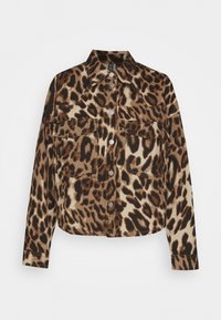 Leopard print jacket made of soft fabric, featuring button closures, two chest pockets, and a cropped design with contrasting stitching.