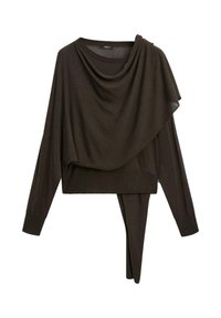 Dark brown, lightweight top with draped neckline, asymmetrical hem, long sleeves, and ribbed cuffs. Soft texture, minimalistic design.