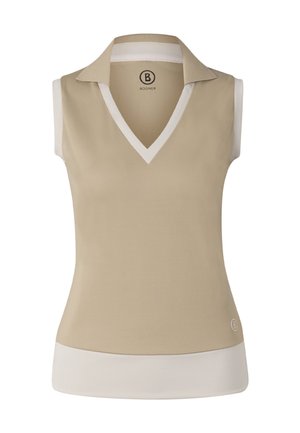 Beżowa kamizelka polo bez rękawów z białym obszyciem na kołnierzu, rękawach i dole, z dekoltem w serek i małym logo przy dolnym brzegu.