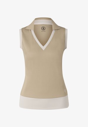 Sleeveless beige polo shirt with white trim on collar, armholes, and hem, featuring a V-neck and small logo near the bottom hem.