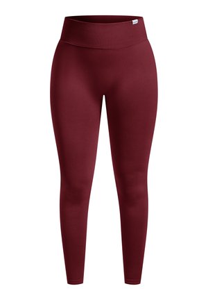 Maroon leggings with a wide, ribbed waistband, smooth, stretchy fabric, and tapered legs. No visible patterns or hardware.