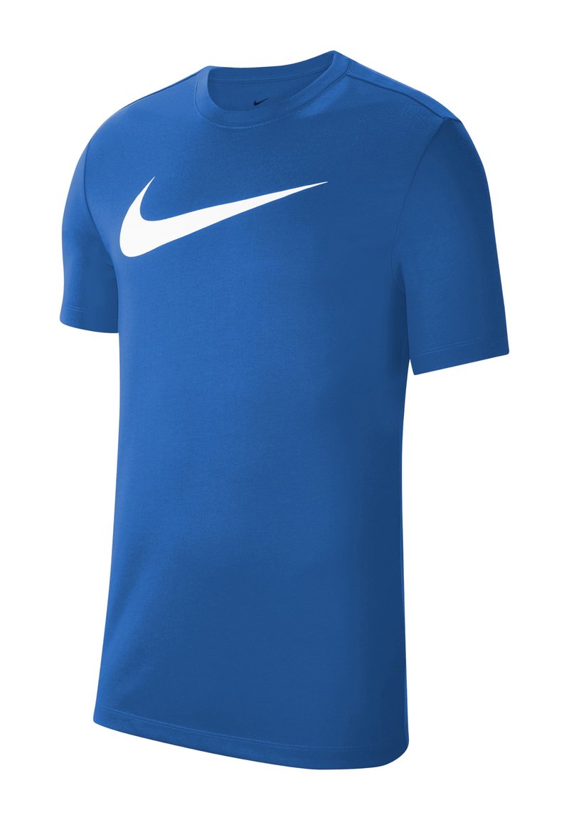 Modré tričko s krátkým rukávem Nike s bílým logem swoosh Nike přes hruď, kulatý výstřih a běžný střih.