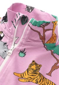 Bright pink zip-up jacket featuring animal prints, including a tiger, giraffe, and various plants. Made of soft, stretchy fabric with a collar.