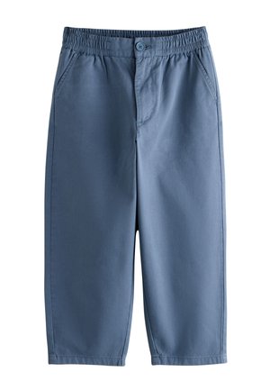 Blå elastiske bukser med knap og sidelommer, lavet af glat stof og designet til børn.