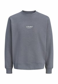 Sweat-shirt gris avec un col rond, des manches longues et une texture douce. Présente un petit logo blanc sur la poitrine. Poignets et ourlet côtelés.