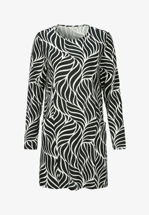 Schwarz-weißes Tunika mit Blattmuster, langen Ärmeln, runder Halslinie und Seitentaschen, aus weichem, leichtem Stoff gefertigt.