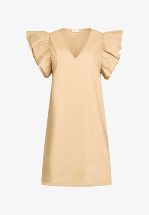 Abito beige con scollatura a V, maniche corte con balze e una silhouette ampia. Tessuto morbido con un design minimal.