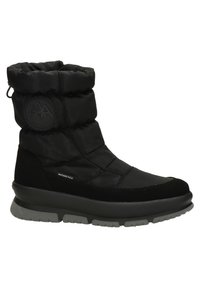 Zwarte, gewatteerde winterlaars met een gevoerde kraag, rubberen zool en logodetail. Beschikt over een gladde bovenkant en een gestructureerde buitenzool voor grip.