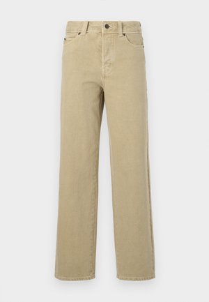 Beige Jeans mit weitem Bein aus weicher Baumwolle, mit klassischem Fünf-Taschen-Design, Knopfverschluss und sichtbaren Nähten entlang der Nähte und Säume.