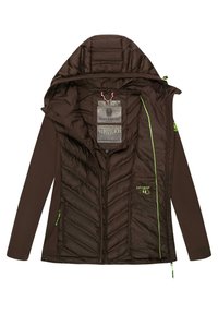 Giacca marrone con cappuccio, caratterizzata da una texture trapuntata, dettagli verde e chiusura frontale con zip. Include un'etichetta all'interno e tasche laterali.
