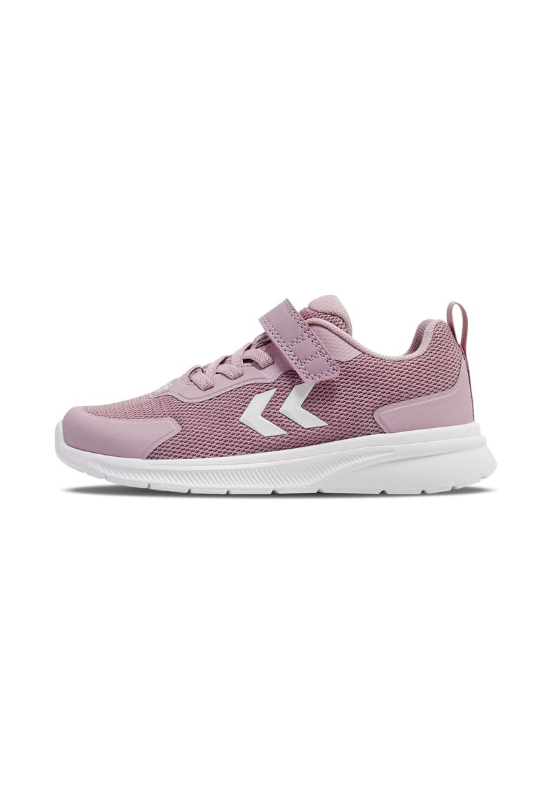 Pink athletic shoes made of mesh and synthetic material. Features white logo accents, a Velcro strap, and a textured rubber sole.
