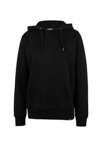 Schwarzer Kapuzenpullover aus weichem Stoff, mit einer Fronttasche, verstellbaren Kordeln und gerippten Bündchen und Saum.