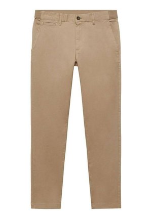 Beige cotton trousers with a straight fit, featuring two front pockets, a button closure, and subtle stitching details along the seams.