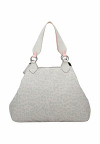 Sac à main en imprimé léopard de couleur gris clair avec un extérieur lisse. Présente des accents roses, du matériel en argent et des bandes larges pour le porter.