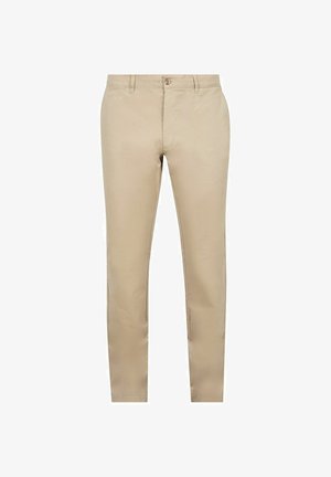 Beige slim-fit chino's met riemlussen, knoopsluiting aan de voorkant en zijzakken, afgebeeld tegen een witte achtergrond.