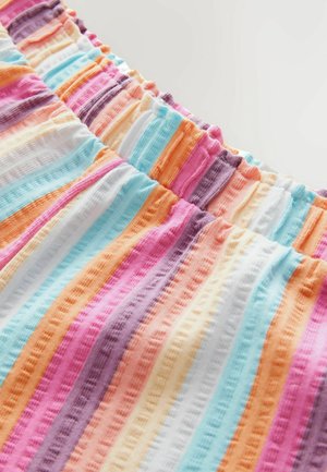 Multifarvet elastisk talje nederdel med vandrette striber i pink, orange, lilla, hvid og turkis, fremstillet med en tekstureret stoffinish.