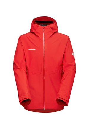 Giacca impermeabile rossa con cappuccio, chiusura frontale con zip e logo sul petto. Presenta polsini regolabili e un design elegante e leggero.