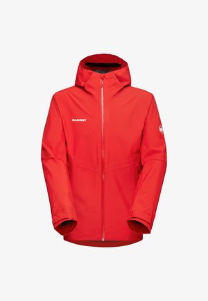 Giacca impermeabile rossa con cappuccio, chiusura frontale con zip e logo sul petto. Presenta polsini regolabili e un design elegante e leggero.
