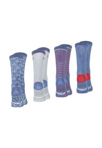 Chaussettes bleues et grises : une paire avec des motifs de vélo, l'autre avec des rayures rouges. Tissu doux, hauts côtelés contrastants et semelles rembourrées.