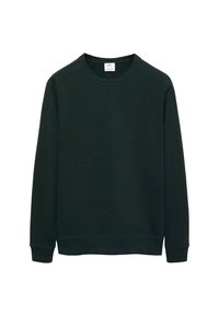 Ciemnozielona bluza z miękkiego materiału, z okrągłym dekoltem, ściągaczami na rękawach oraz prostym wzornictwem bez wzorów czy akcentów.