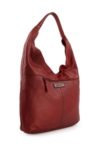 Sac fourre-tout en cuir rouge au design décontracté, avec une poche zippée à l'avant et une texture lisse. Comprend une large bandoulière.