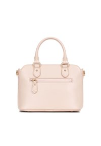 Roze synthetische handtas met afgeronde bovenhandvatten, een frontale ritszak, gouden hardware-accents en een gestructureerd oppervlak. Compacte en gestructureerde vorm.