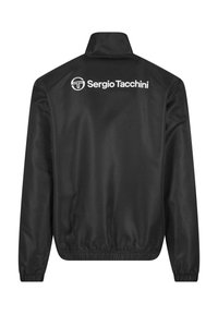 Čierna vetrovka s vysokým golierom, elastickými manžetami a pásom. Na chrbte sa nachádza logo "Sergio Tacchini" v bielej farbe.