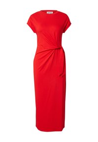 Rotes Jersey-Maxi-Kleid mit kurzen Ärmeln, gedrehter seitlicher Knoten-Detail und figurbetonter Silhouette. Glatte Textur und einfarbig.
