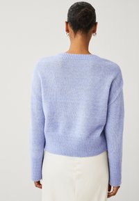 Pull en tricot violet clair avec un col rond, des poignets et un ourlet côtelés. Texture douce ; coupe courte ; design de dos sans coutures.