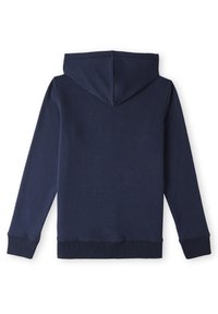 Sweat à capuche bleu marine avec des manches longues, un ourlet et des poignets côtelés, une texture de tissu douce et un détail de couture centrale au dos.
