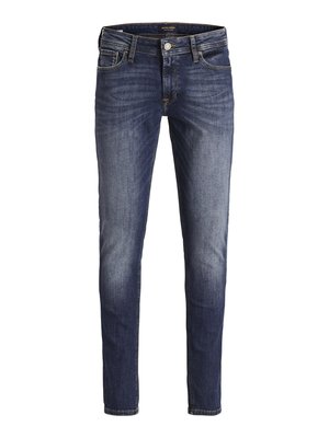 Smal fit mørkeblå denimjeans med en falmet vask, fem lommer, kontrasterende sømmer og en knappeåpning i livet.