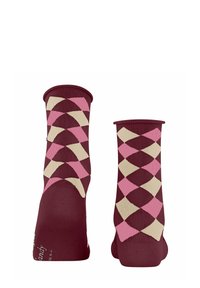 Bordowe skarpetki w wzór argyle w różowym i beżowym, z gładką dzianiną i elastycznymi mankietami dla pewnego dopasowania.
