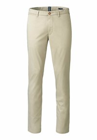 Beige katoenen broek met een slim fit, platte voorkant, enkele knoopsluiting en riemlussen; gladde textuur, geen zichtbare patronen of accenten.