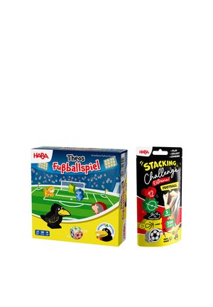 Two HABA football-themed children's games side by side: Theos Fußballspiel board game and Stacking Challenge Extreme card game.