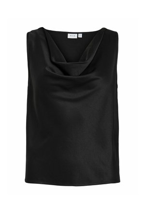 Mustast satiinist varrukateta top, millel on volditud kaelus ja sirge alumine serv, kaubamärgilt Vila.