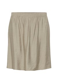 Jupe beige clair avec une taille élastique, fabriquée à partir d'un tissu doux et texturé, présentant un ourlet droit et une silhouette fluide.
