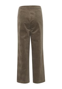 Brown corduroy cropped pants with a textured surface, featuring a mid-rise waist and two back pockets, designed for a relaxed fit.