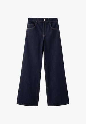 Blugi largi cu talie înaltă, de culoare albastru închis, cu nasture și fermoar frontal, două buzunare frontale și un buzunar mic pentru monede.