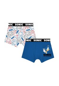 Boxer da uomo con tessuto bianco decorato con personaggi di Sonic in rosso e blu, e un paio solido blu con un'illustrazione di Sonic sul retro.