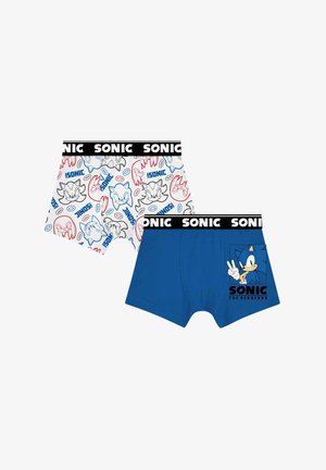 Boxershorts aus weißem Stoff mit Sonic-Charakteren in Rot und Blau sowie einer einfarbigen blauen Variante mit einem Sonic-Motiv auf der Rückseite.