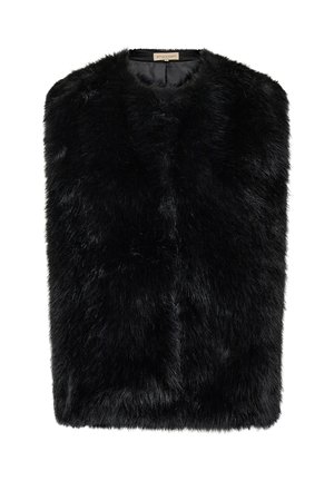Black faux fur vest with a high neckline, featuring dense, soft texture and straight edges. No visible fastenings or additional details.