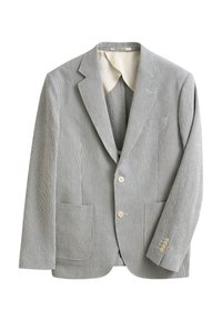Blazer slim gris clair et blanc à fines rayures verticales, deux poches avant, revers crantés, deux boutons et finition manches à quatre boutons.