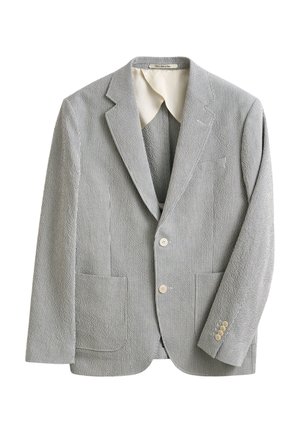 Lichtgrijze en witte slim-fit blazer met fijne verticale strepen, twee voorzakken, notch-revers, twee knopen en vierknops manchetDETAILS.