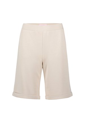 Beige knælange shorts med opsmøg og elastisk linning, vist på hvid baggrund.