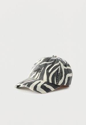 Baseball cap with black and white zebra print pattern, curved brim, and stitched logo on front panel.