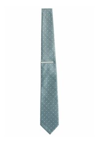 Cravat albastru dintr-un material texturat, cu mici puncte albe. Design subțire cu un capăt ascuțit și un cerc pentru fixare.